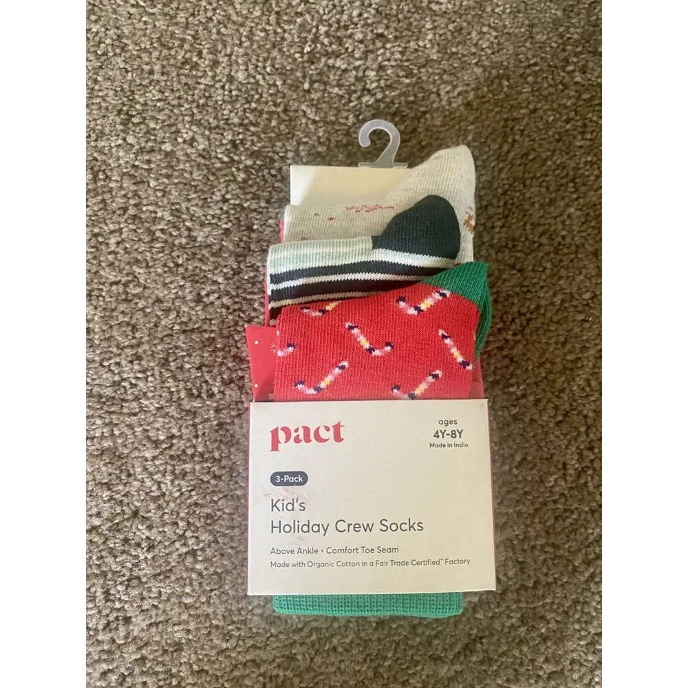 Pact Holiday Crew Socks Kids 4Y-8Y‎ Multicolor Organic Cotton 3-Pack